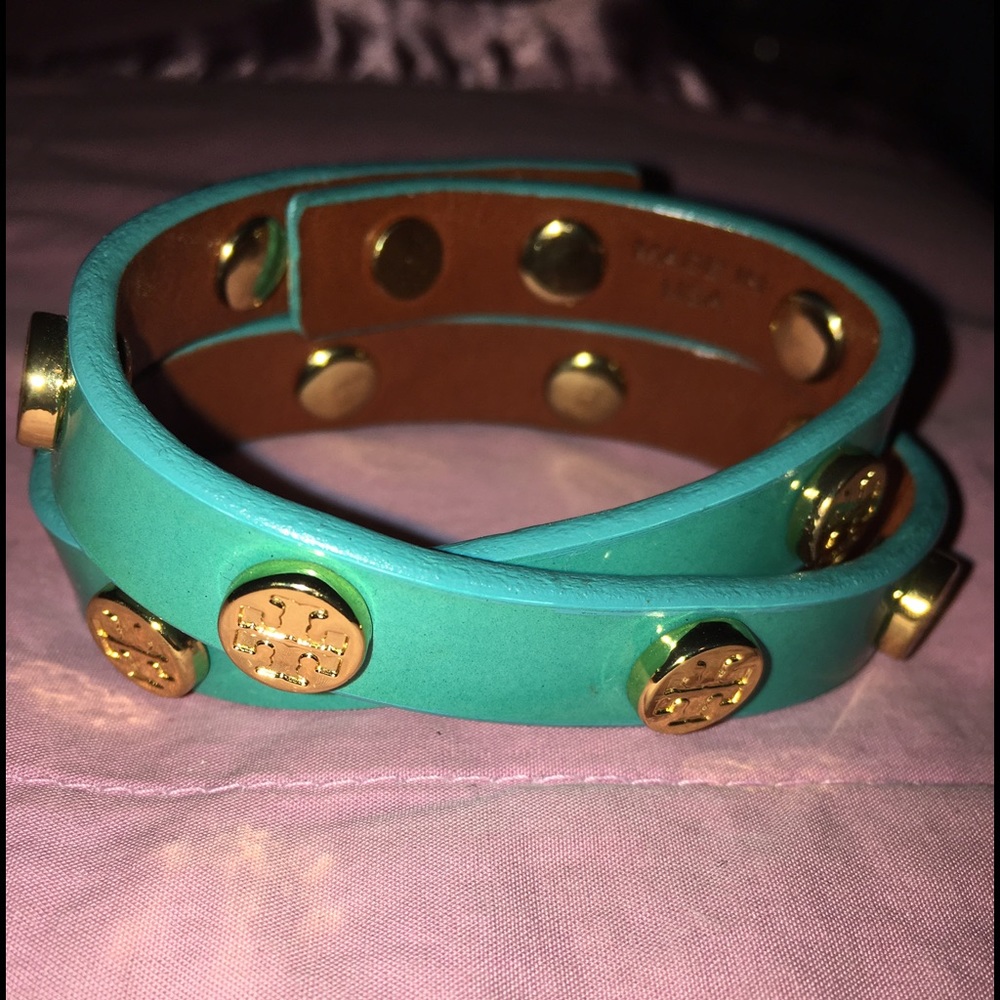 Tory Burch Blue Gold Patent Leather Cuff Bracelet
