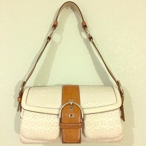 Authentic COACH white signature/cognac accent bag