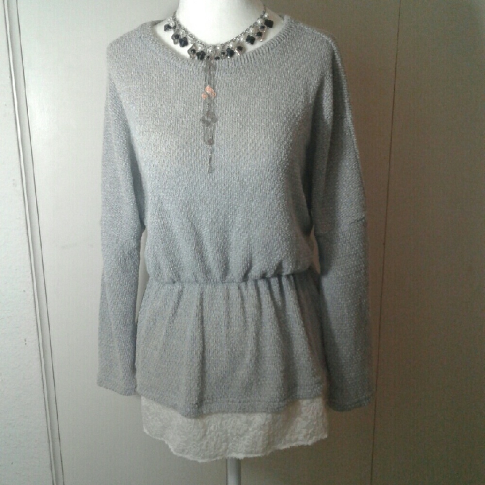 Soft Knit Gray Sweater  with Cream Lace Trim