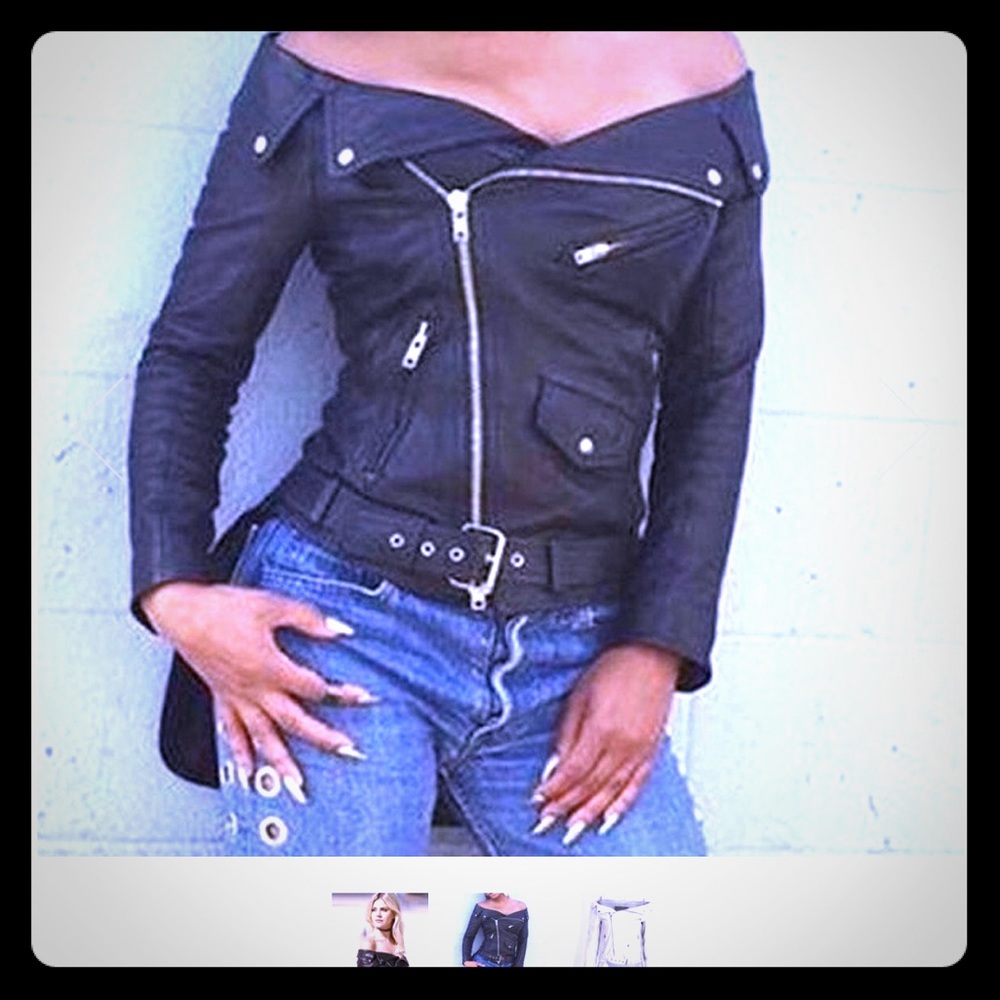 Black off the shoulders faux leather jacket