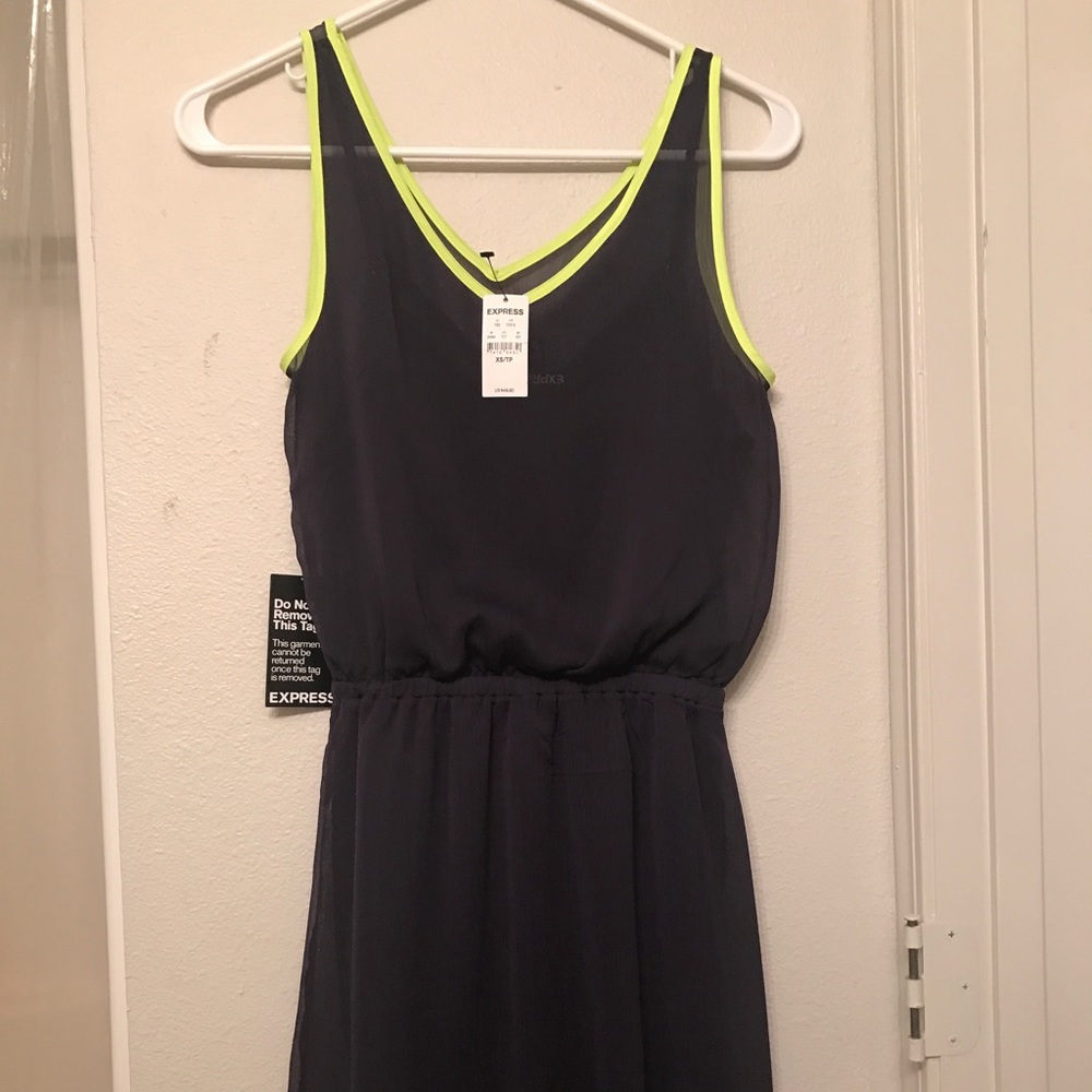Dark Purple dress with a pop of lime green.
