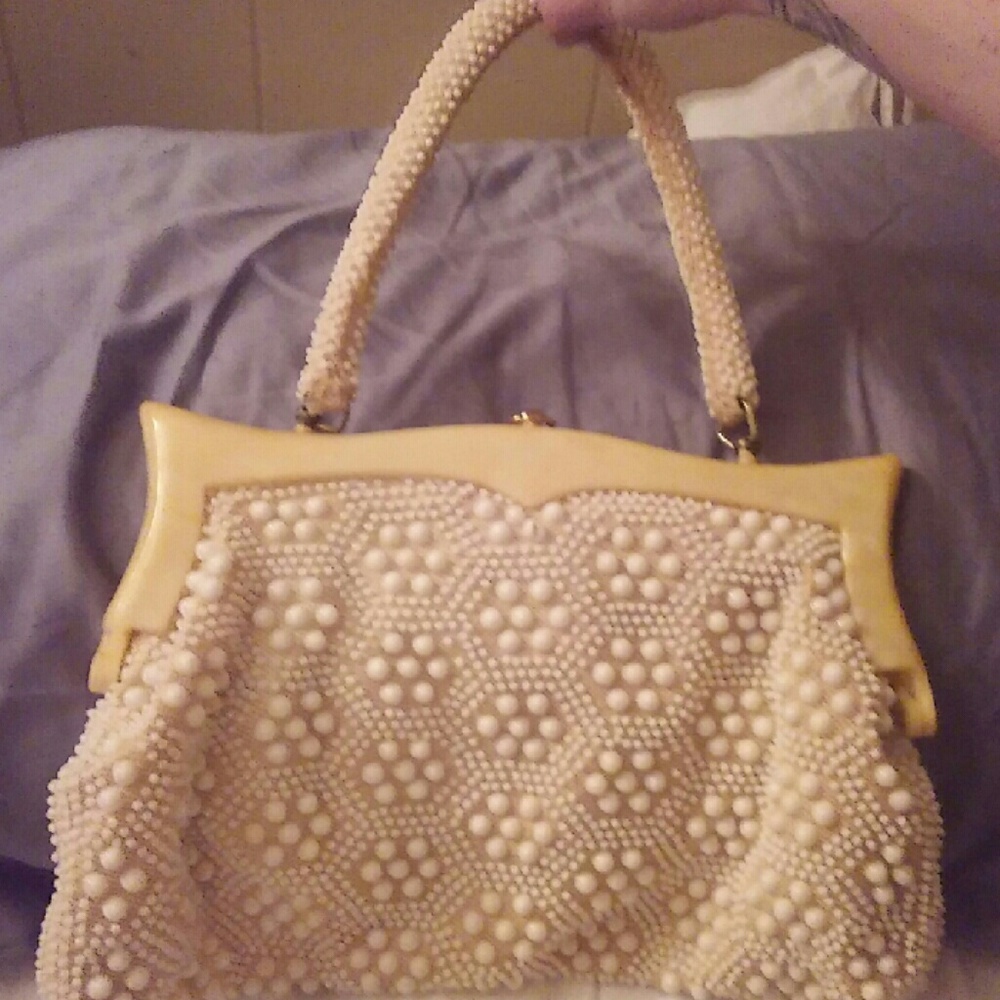 Antique Handmade Beaded Clutch Bag Cream Colored W
