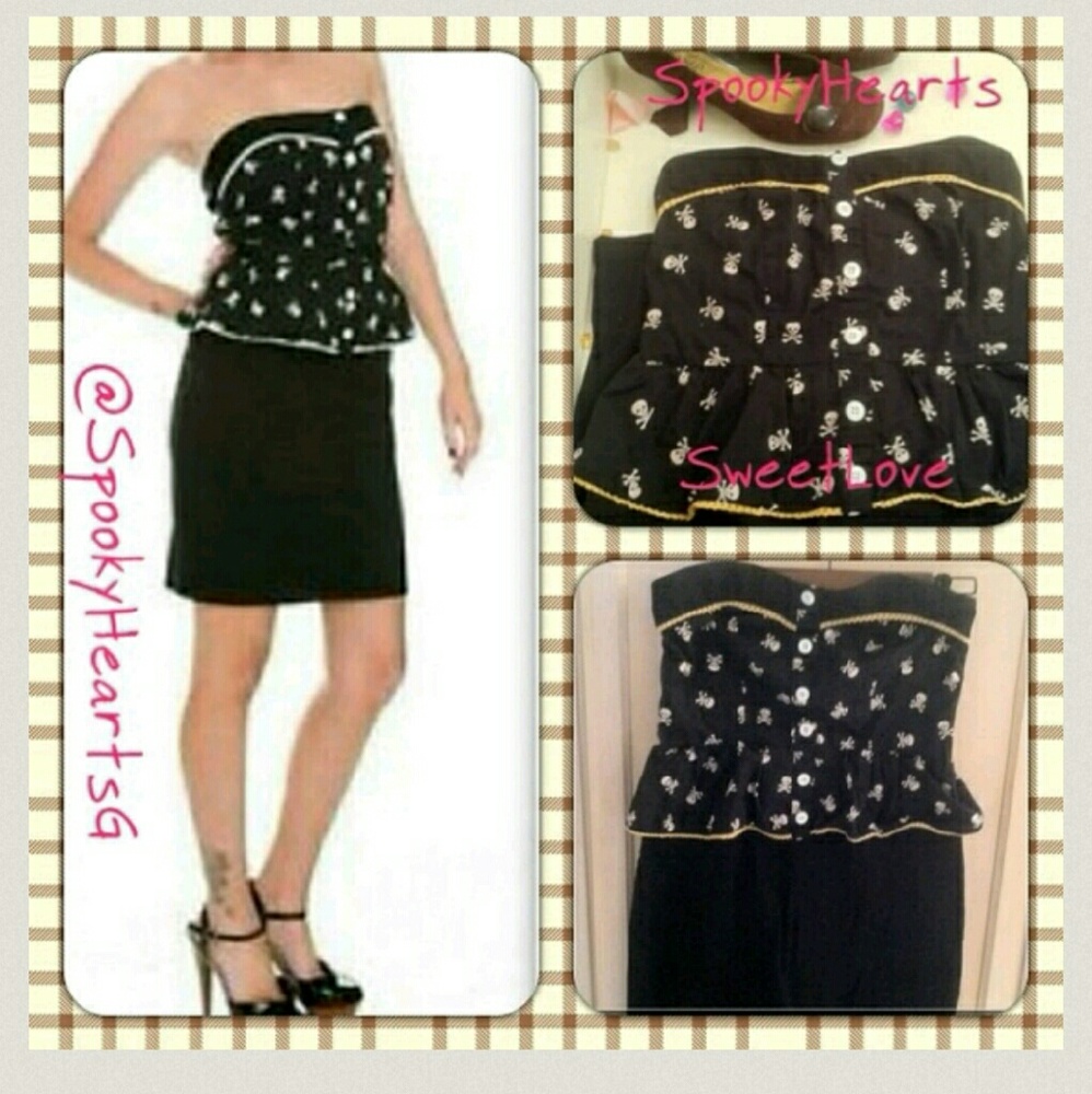 Kawaii skulls Goth black gold white peplum dress M - Picture 2 of 3