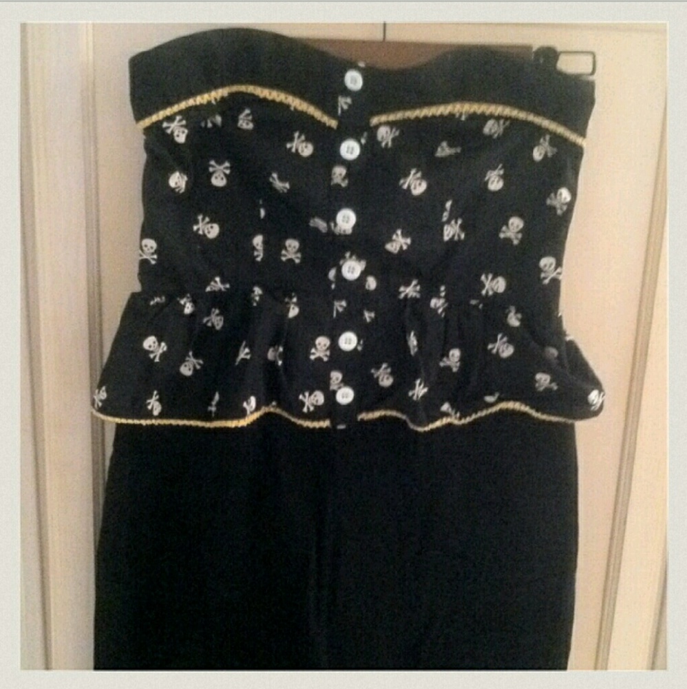 Kawaii skulls Goth black gold white peplum dress M - Picture 3 of 3