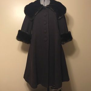 Chocolate brown swing coat with faux fur trim