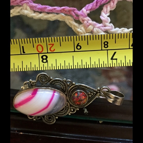 VTG Banded Agate Sterling Pendant With Fire Opal - Picture 4 of 4