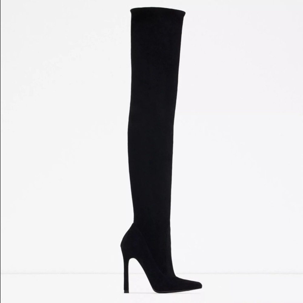 Zara black leather Suede Thigh High Heel Boot 39 8