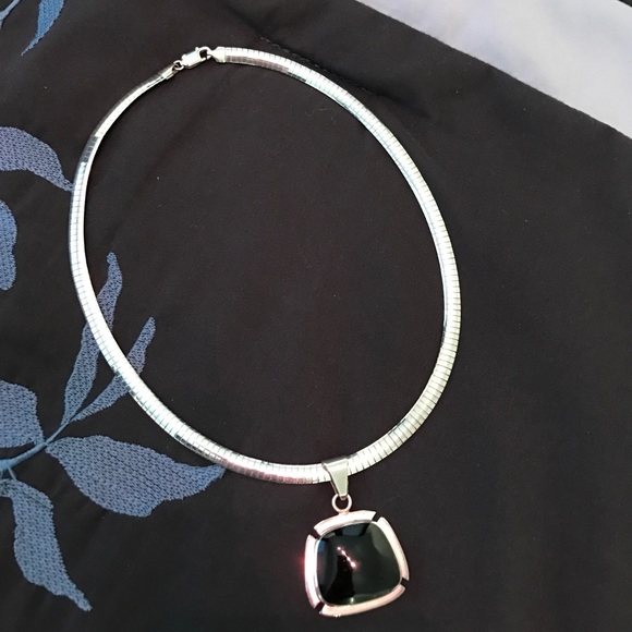 Jewelry - Silver Statement Necklace with Enamel Pendant