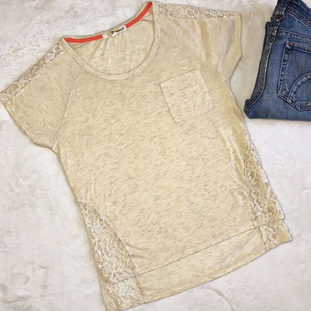 DEMEANOR TEE OATMEAL LACE CUT OUT SHOULDER