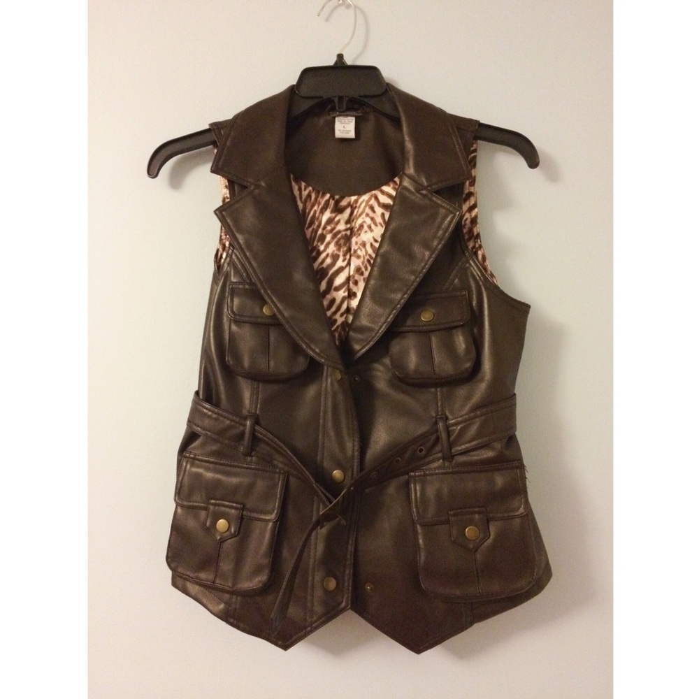 Brown Belted Faux Leather Vest