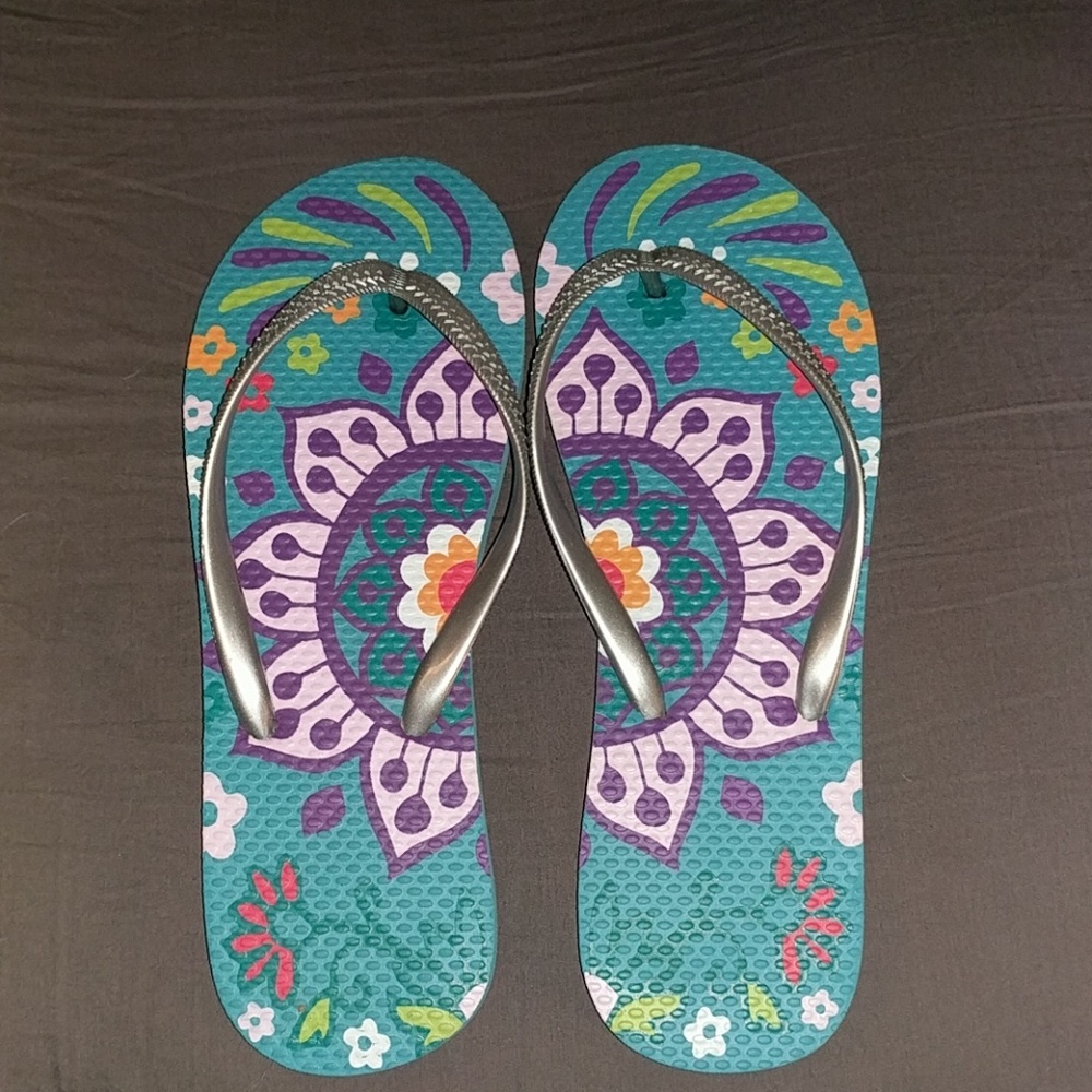 Multi colored flip flops