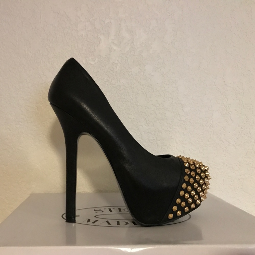 Black Leather Gold Studded Platform Pumps