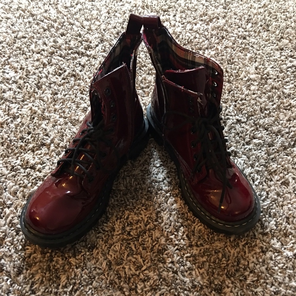 Red shiny combat boots