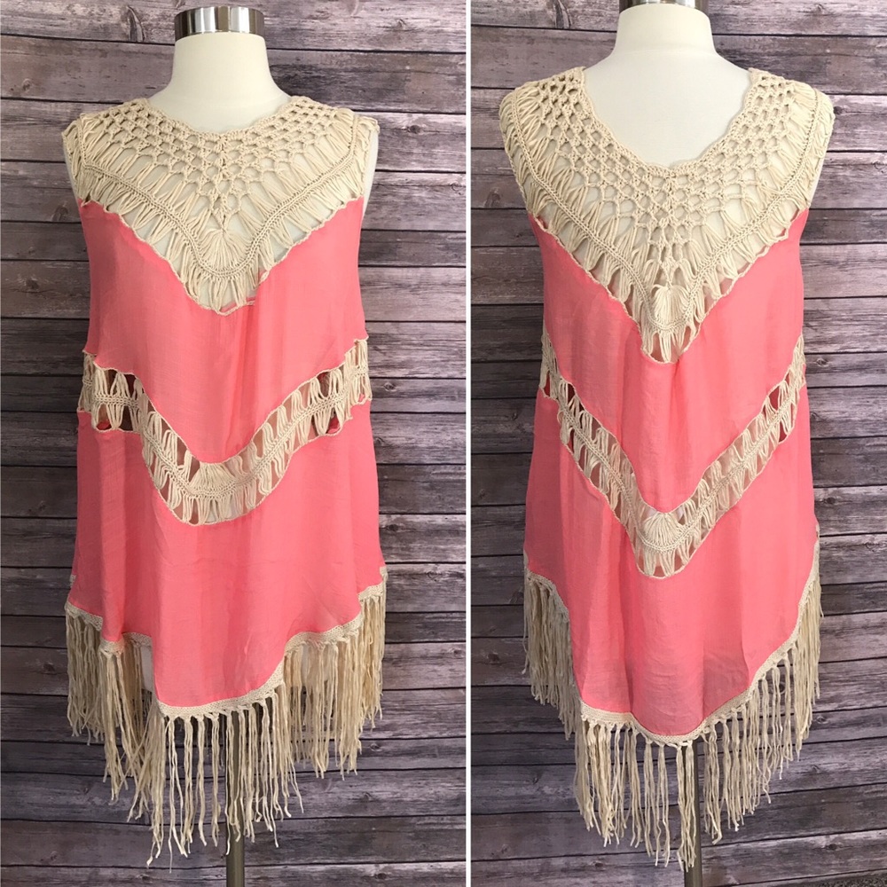 Umgee Tunic Dress Pink Crochet Fringe Boho S M L - Picture 2 of 5