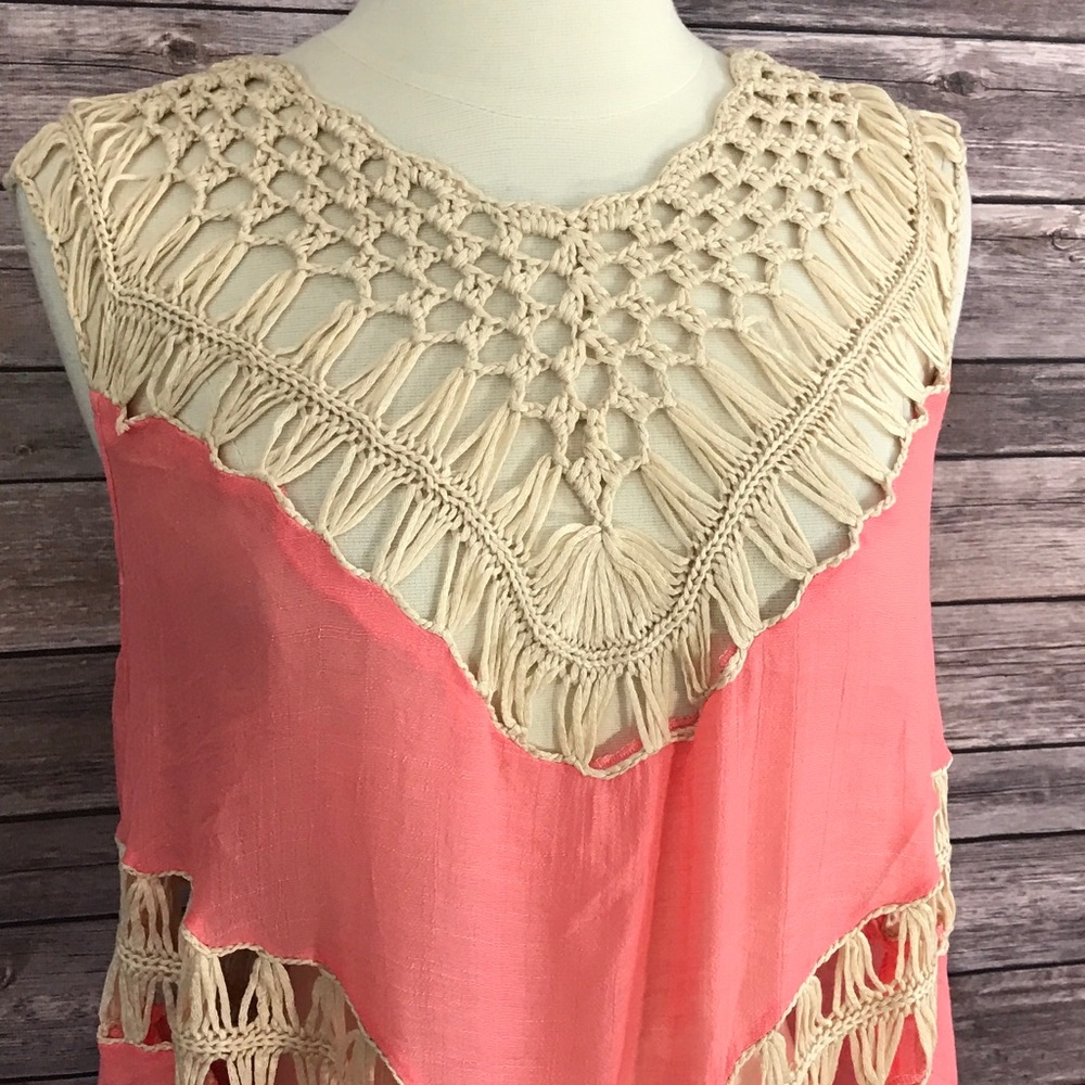 Umgee Tunic Dress Pink Crochet Fringe Boho S M L - Picture 3 of 5