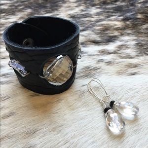 🌸Leather Cuff w/ Swarovski Crystals & Earrings