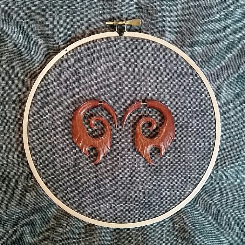 Carved Wood Fake Gauged Earrings