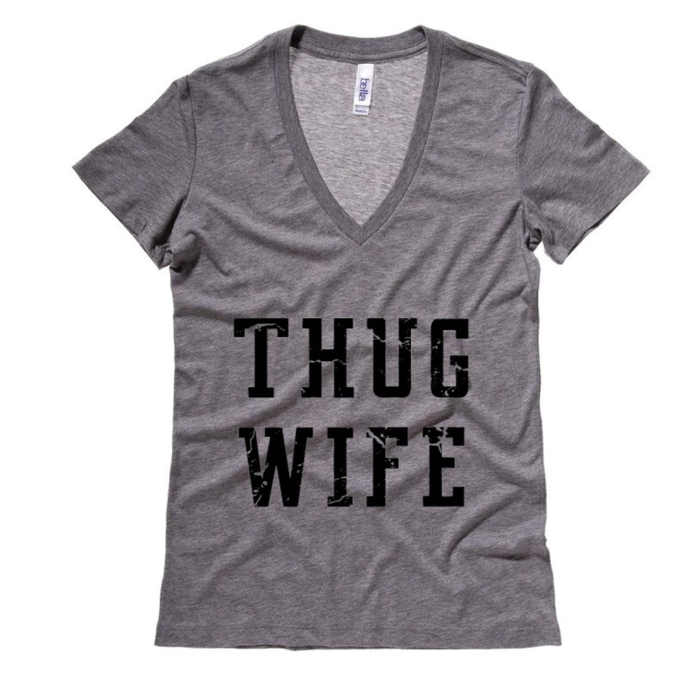 Thug Wife Grey V Neck T Shirt - Picture 1 of 2