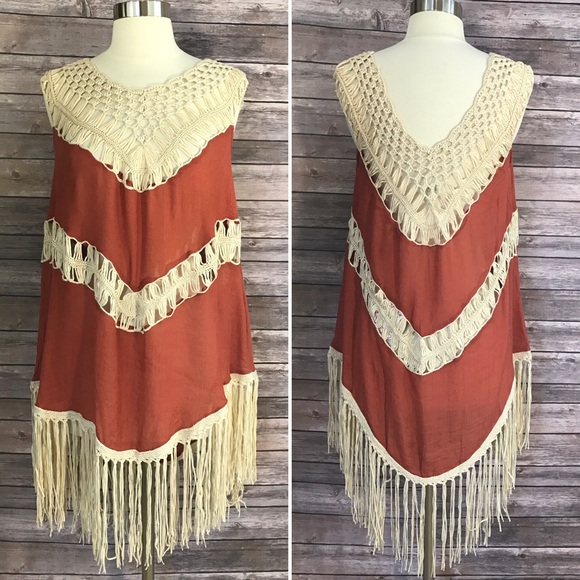 Umgee Tunic Dress Orange Crochet Fringe S M L - Picture 2 of 5
