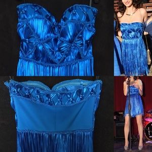 Formal Bebe Blue Satin Ribbon Fringe mini dress