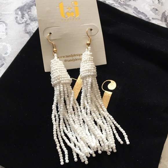 White Beaded Tassel Earrings - Picture 2 of 6
