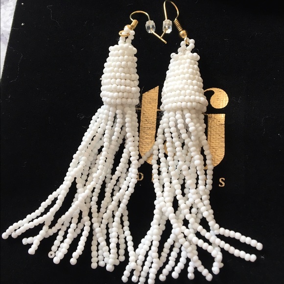 White Beaded Tassel Earrings - Picture 4 of 6