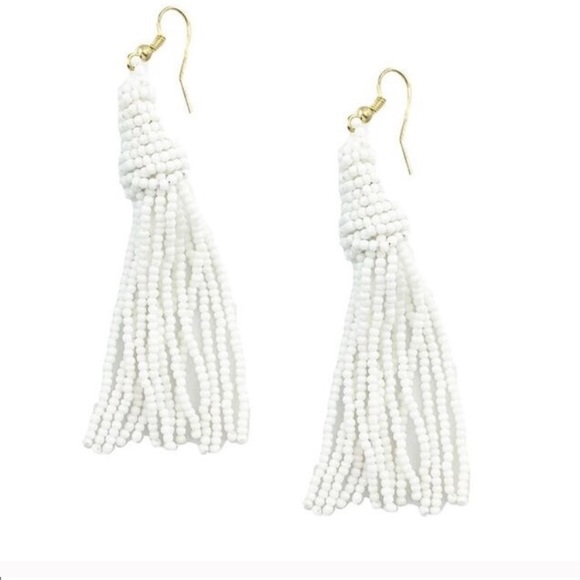 White Beaded Tassel Earrings - Picture 3 of 6