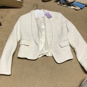 Ivory tweed blazer with fringe lapel