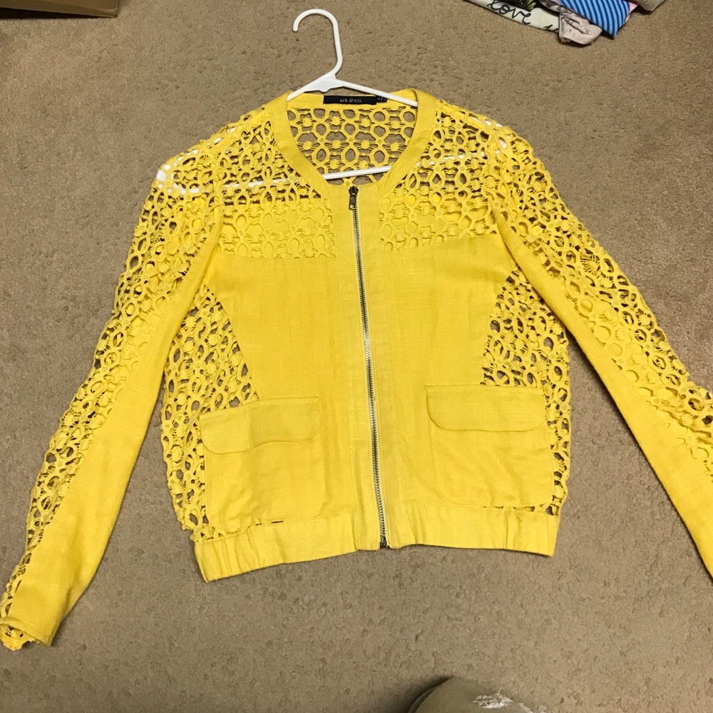 Yellow linen crochet bomber style jacket