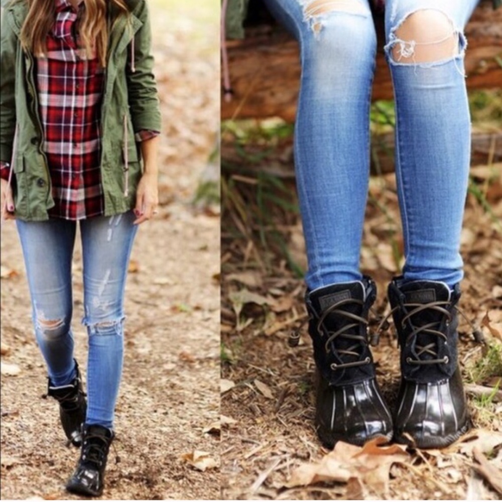 LAST PAIR! Warm Lace Up Rain Snow Duck Boots Black - Picture 3 of 6