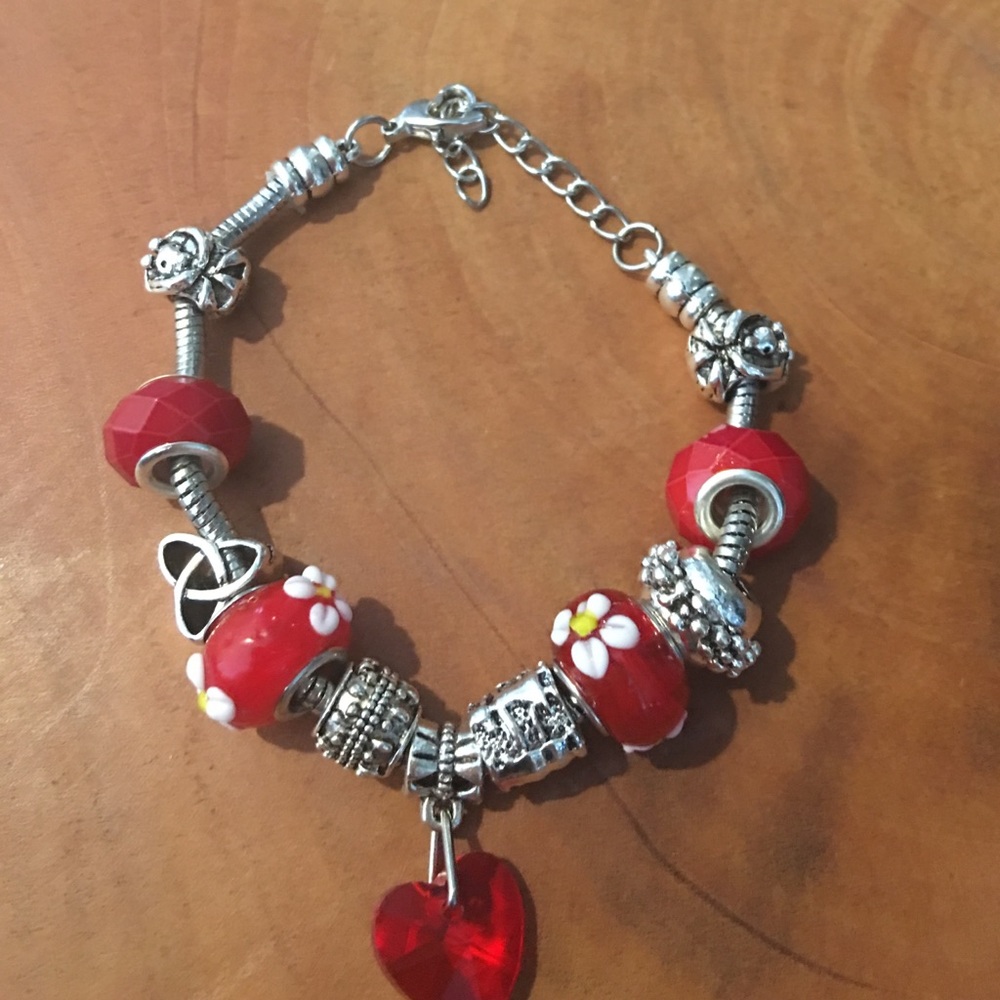 Charm Bracelet Red and Silver Heart Beads
