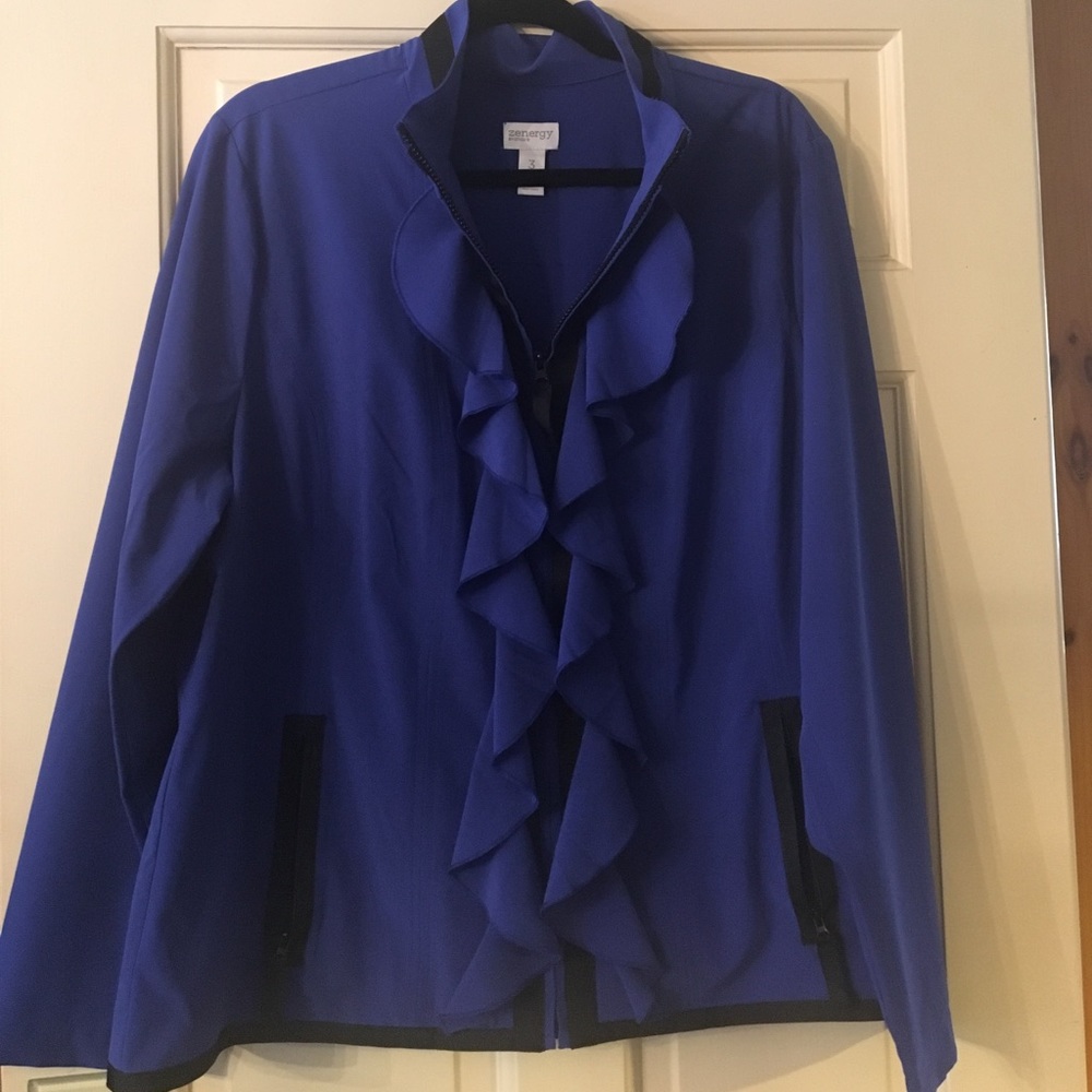 NWOT 🔹 Chico's Sz 3 Blue Zip-Up w/ Ruffle