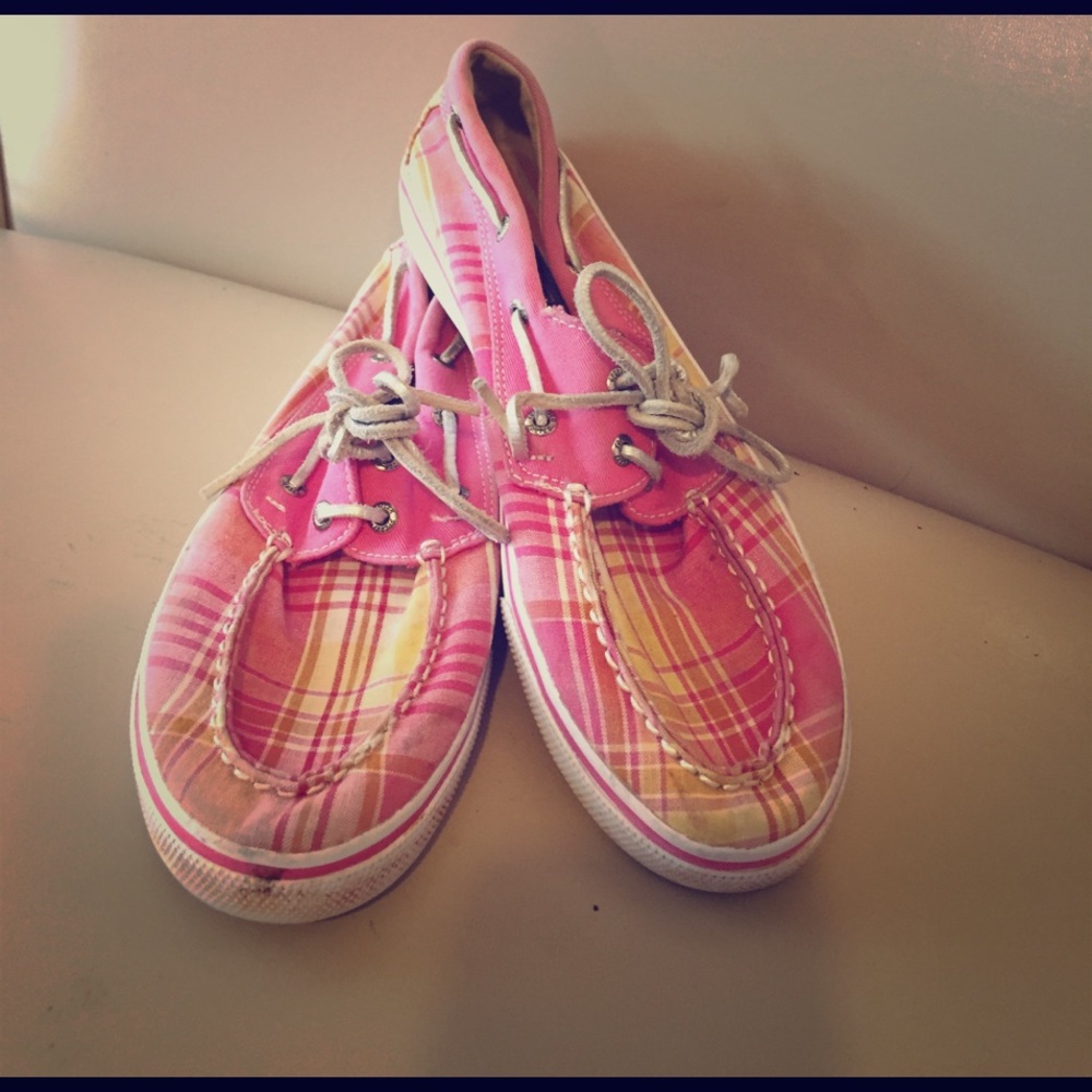 Pink and Yellow Plaid Sperry Top-Siders Size 5.5