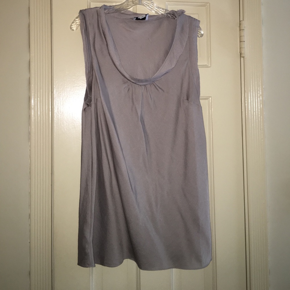 Gray polyester mid weight crepe de chine shell.