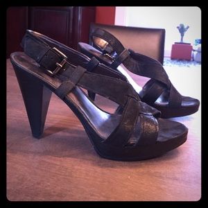 Strappy black suede heels