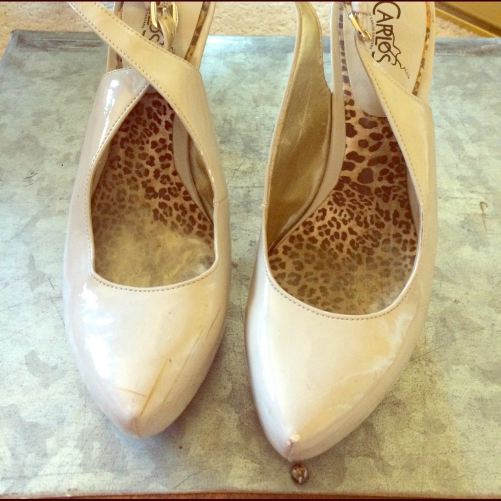 Faux patent leather nude sling back heels