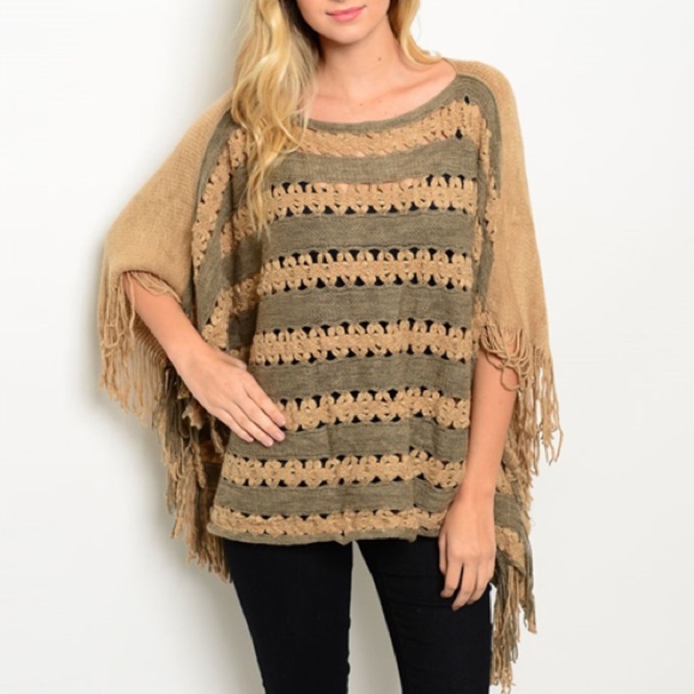 Striped Crochet Front Poncho