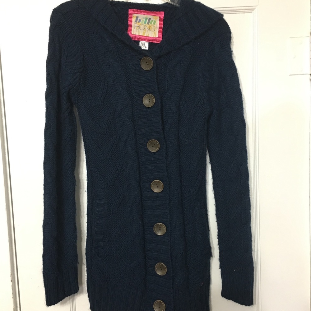 Navy blue cable knit tunic sweater