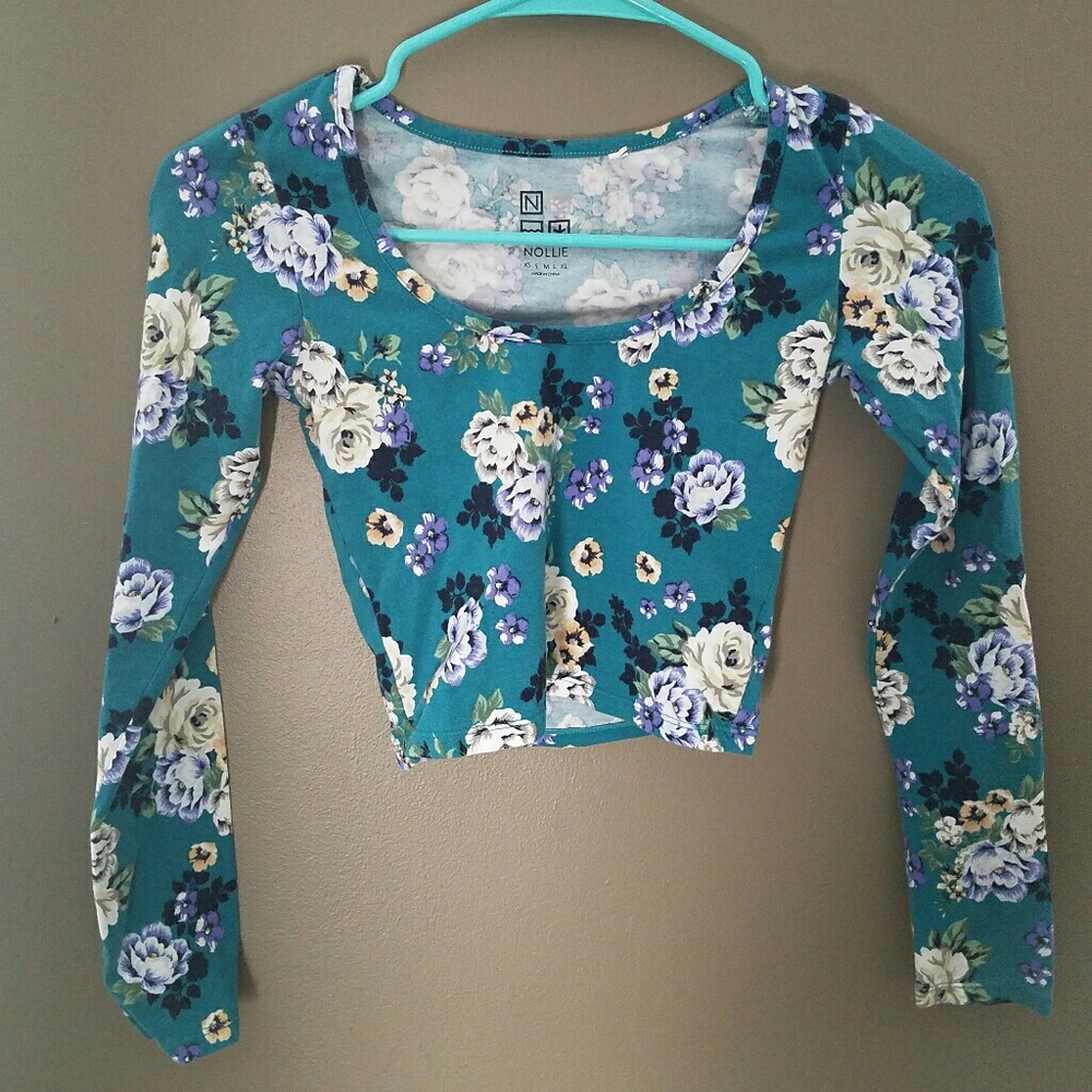 Blue Floral Long Sleeve Crop Top