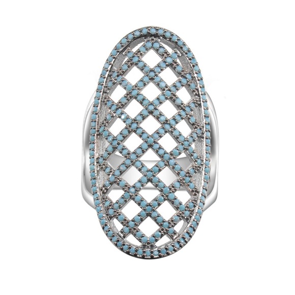 Pave Woven Turquoise CZ Oval Sterling Silver Ring - Picture 1 of 2