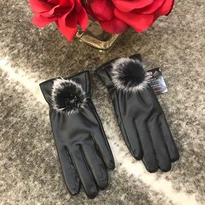 Leather Fur Pom Pom Gloves w/ iSense Touch