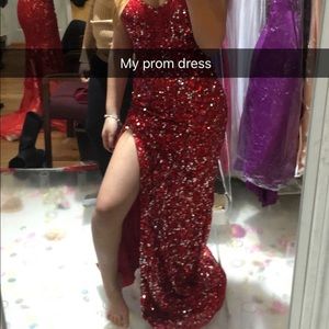 Red sequin strapless prom dress