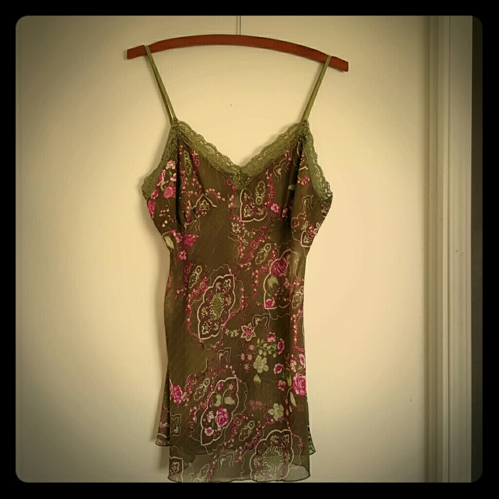 Lace Camisole Strappy Top Olive Green/Pink