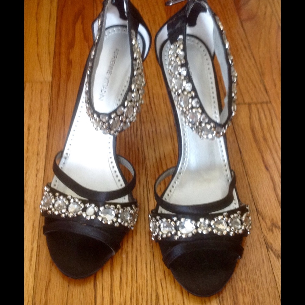 Adrienne Vittadini black satin,rhinestone sandals
