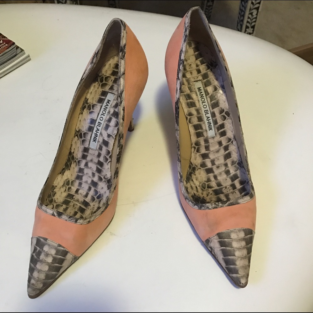Manolo Blahnik "Bottera" Snake-Trimmed Suede Pumps