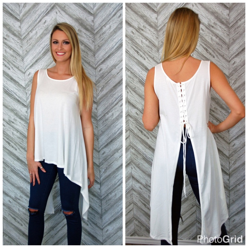 SALE! White hi-lo lace back tank - Picture 1 of 3