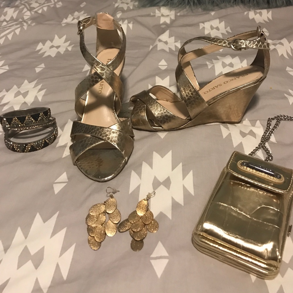 Metallic gold sandal heels and matching purse