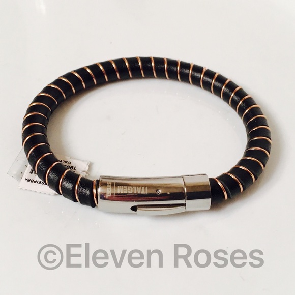 Italgem Other - Italgem Black Leather Gold Steel Wrapped Bracelet