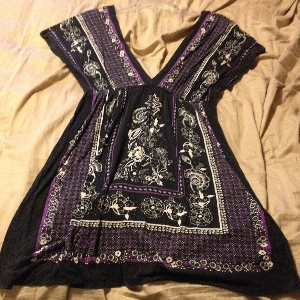 Purple and black floral printed tunic dress
