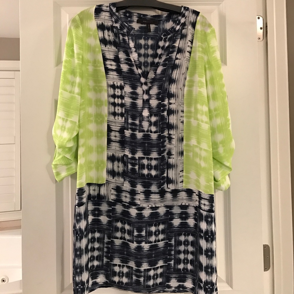 BCBG graphic pattern navy and spring green dress